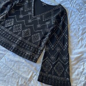 Express Womens Shirt Top XS Party Sequin Embroidery Flare Sleeve Vneck Y2K